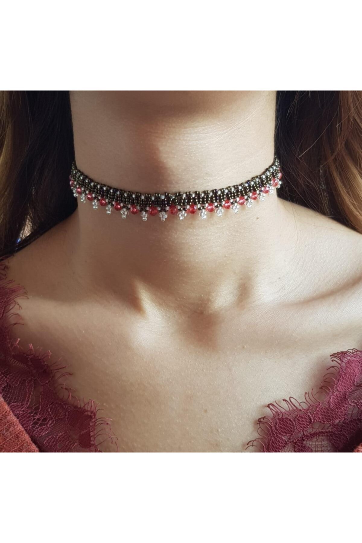 Handmade By HLY El Yapımı Kırmızı Kristalli Choker Kolye
