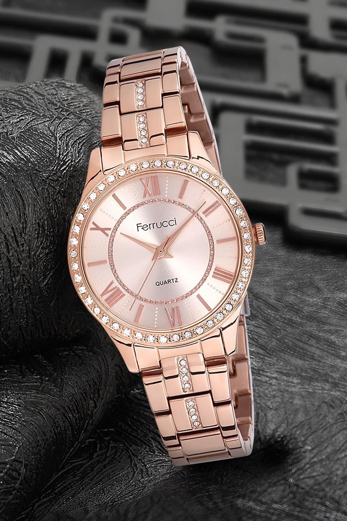 Ferrucci Rose Gold Taşlı Model Roma Rakamlı Kadın Kol Saati