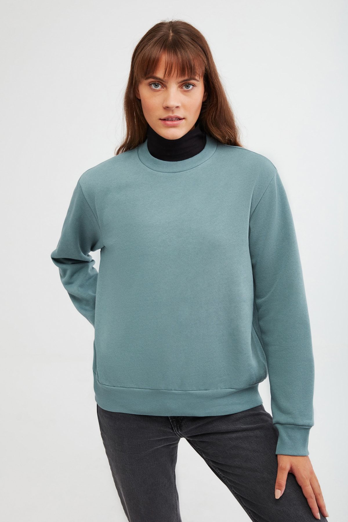 GRIMELANGE Alfa Kadın Mint Yeşili Düz Renk Bisiklet Yaka Oversize Sweatshirt