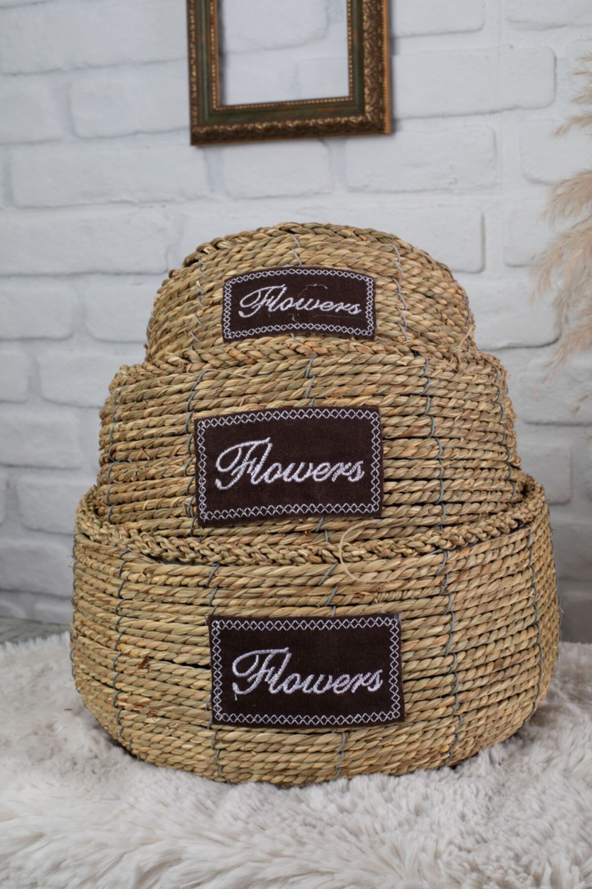 M&K Home Üçlü Yuvarlak Sığ Hasır Içi Poşetli Saksılık - Servis Sunum Sepeti Çok Amaçlı Handmade Lüks