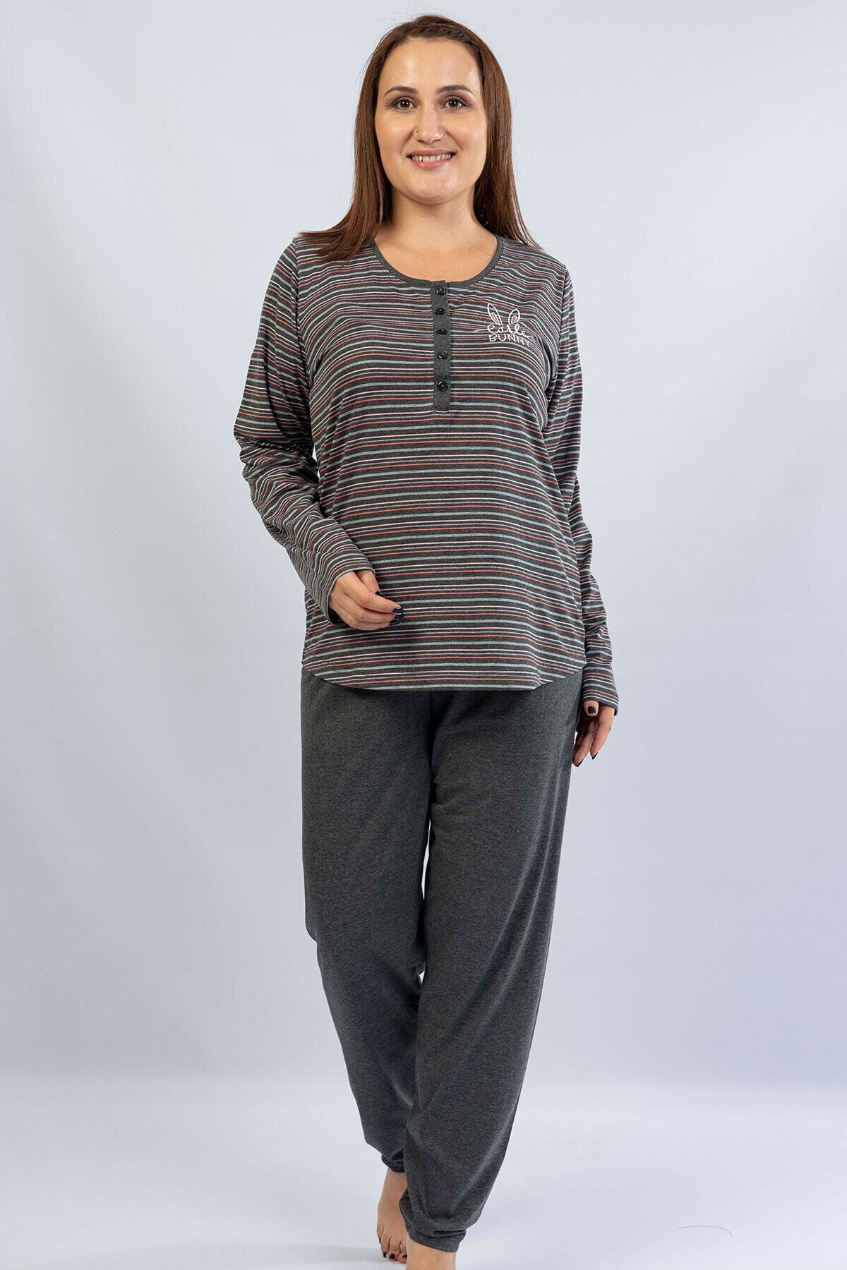 VİENETTA Kadın P.suprem Uzun Kol Büyük Beden Antrasit Pijama Takım