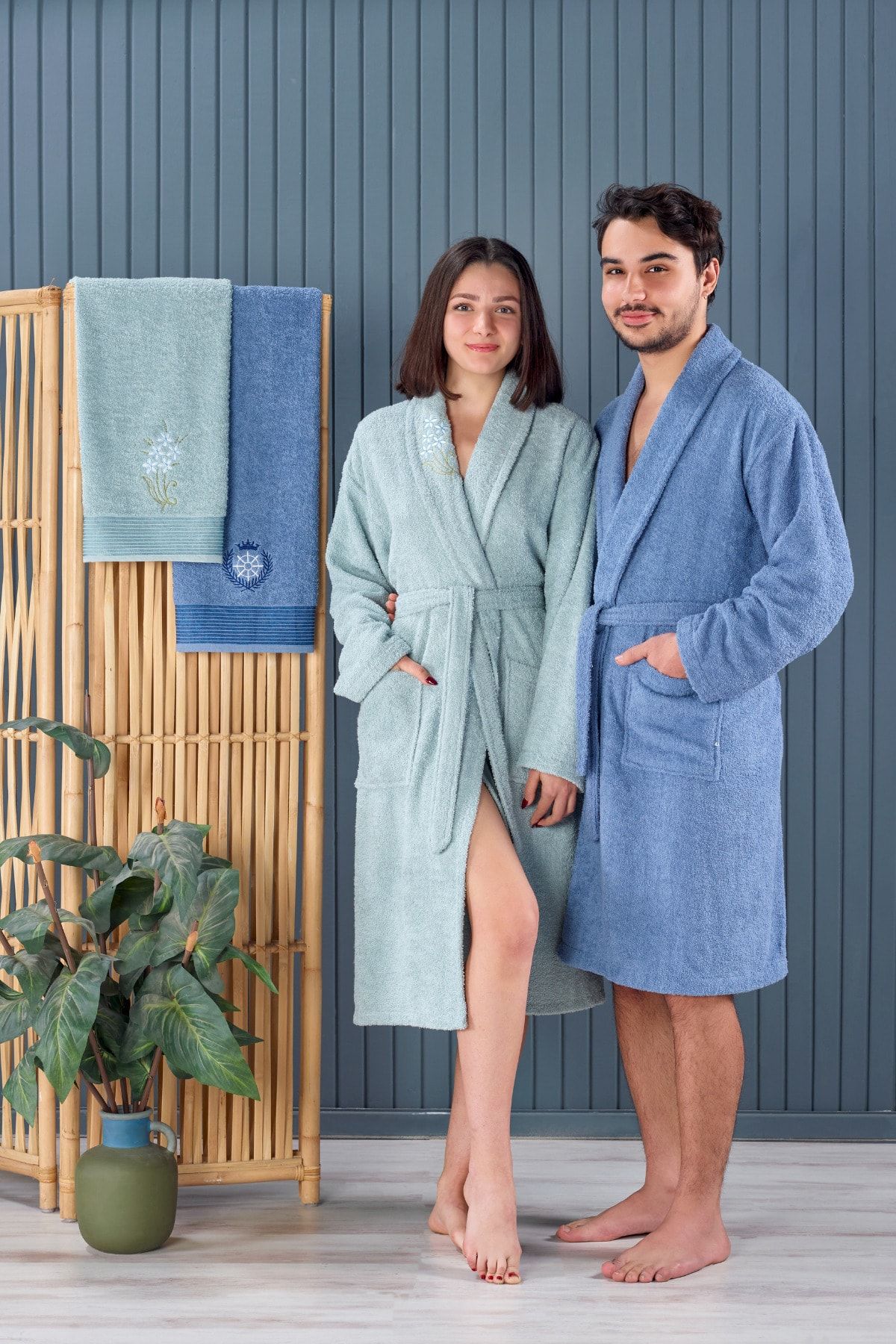 Casnack Mint Lacivert Havlulu Bornoz Seti 4'lü