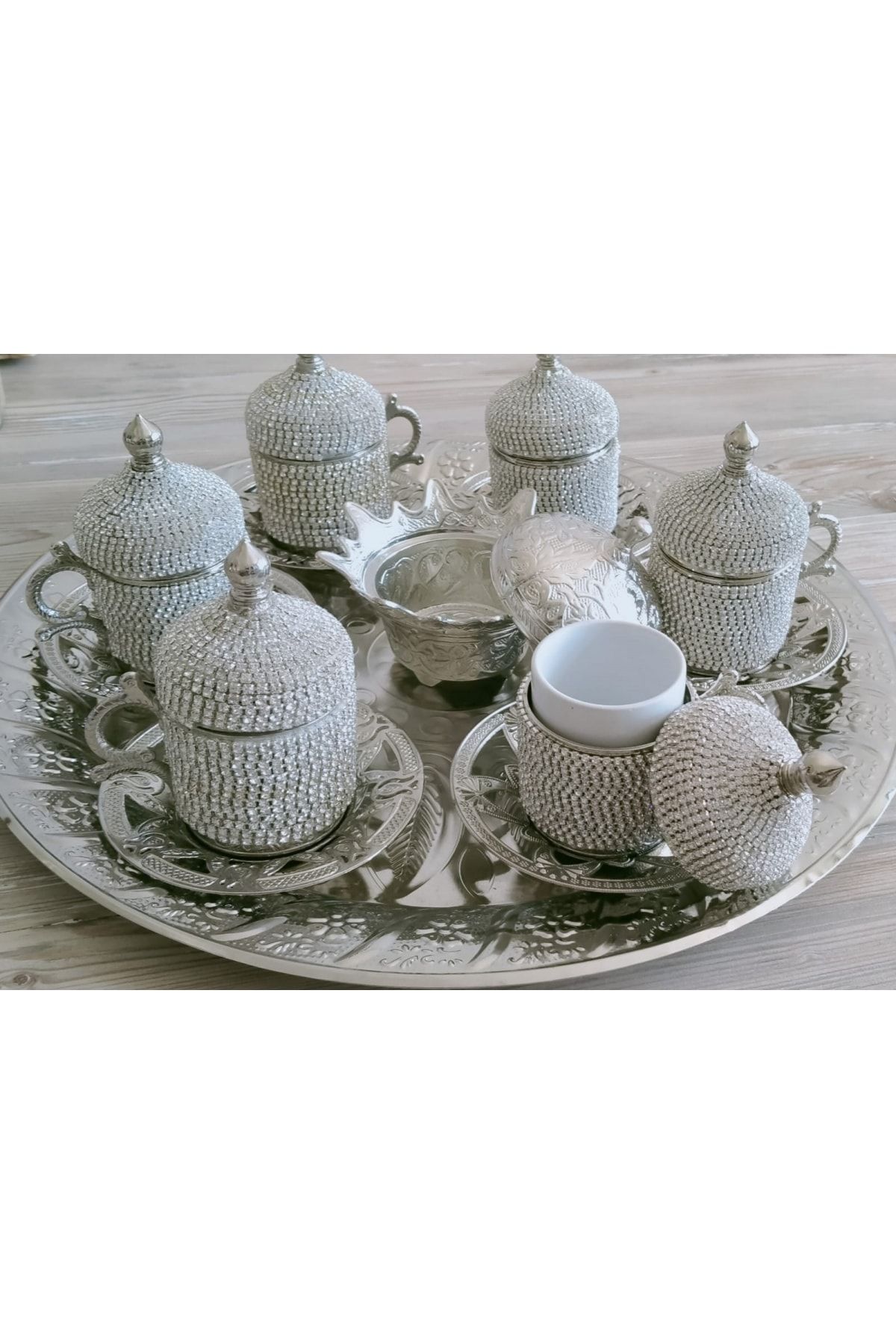 NO.8 HOUSE Osmanlı Motifli 6 Kişilik Türk Kahve Seti  Beyaz Taşlı