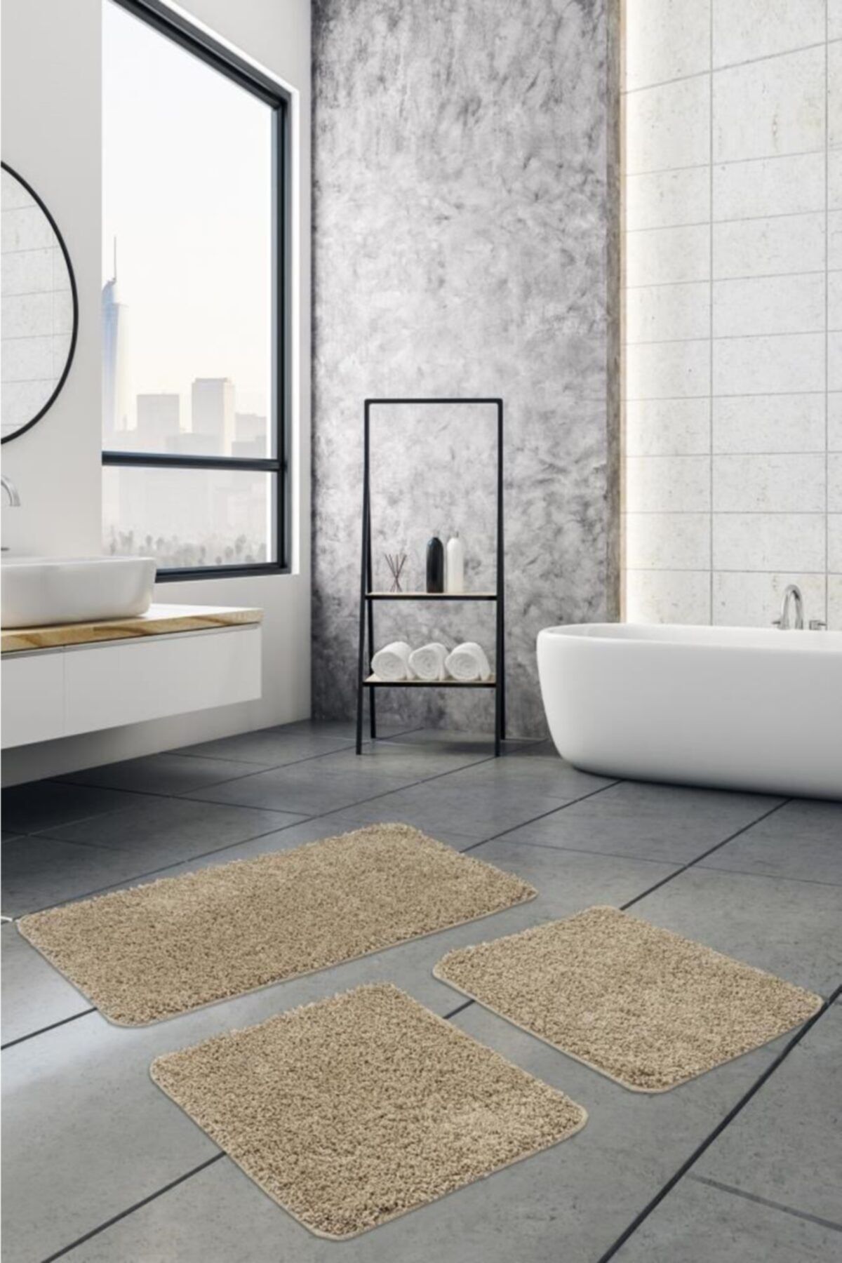 EUROBANO Home - %100 Doğal Kaymaz Taban Yıkanabilir Bej Shaggy 3’lü Banyo Halısı,paspas