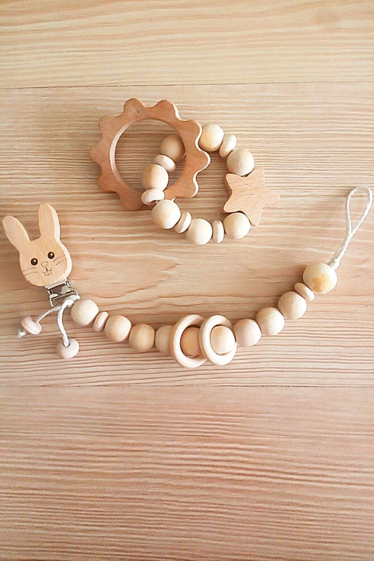 MYG Baby Ahşap Diş Kaşıyıcı Ve Ahşap Emzik Zinciri, Bebek Dişliği Emzik Tutucu Ahşap Oyuncak