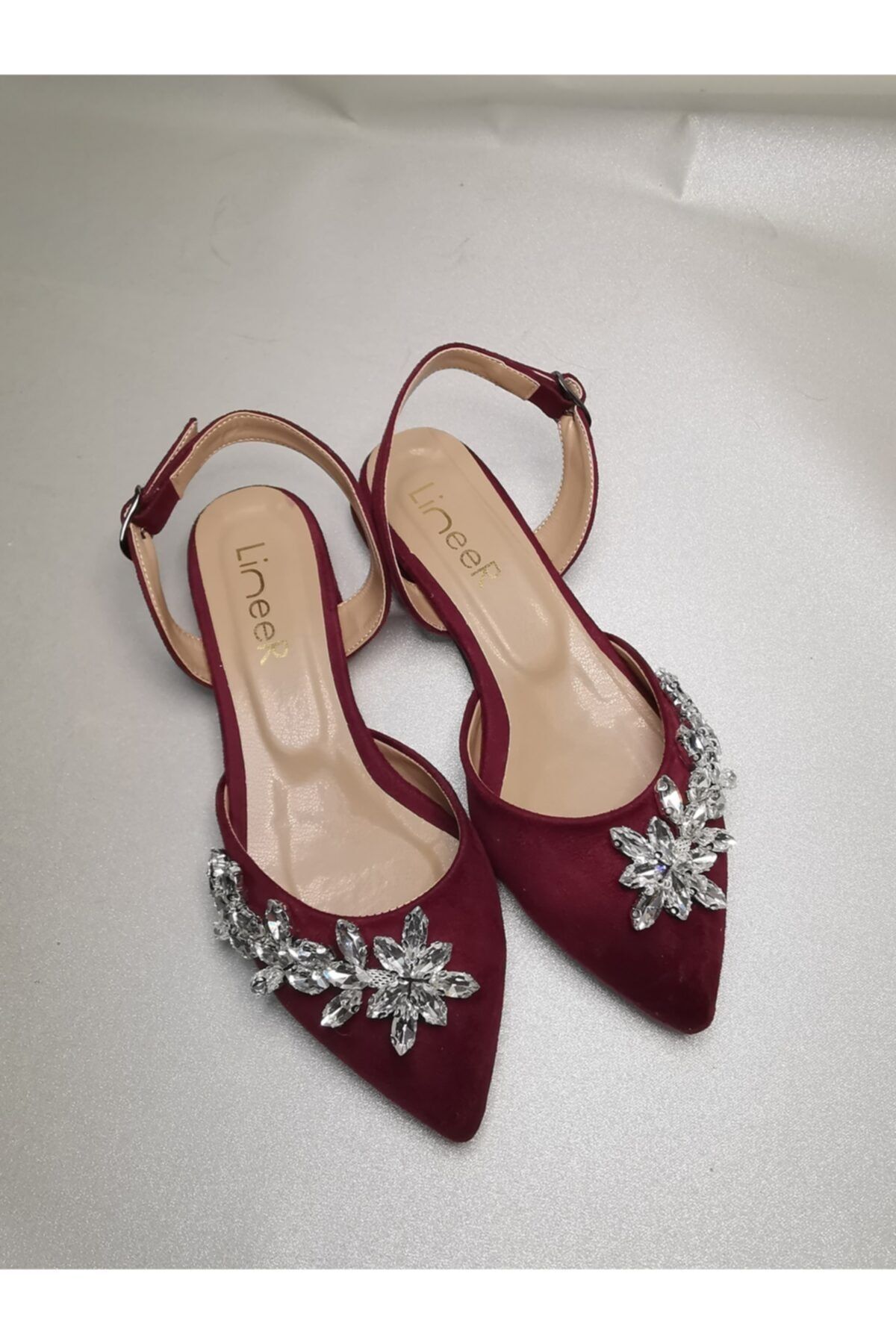 LİNEER Kadın Bordo Süet Taşlı 3,5 Cm Topuk Gelin Babet