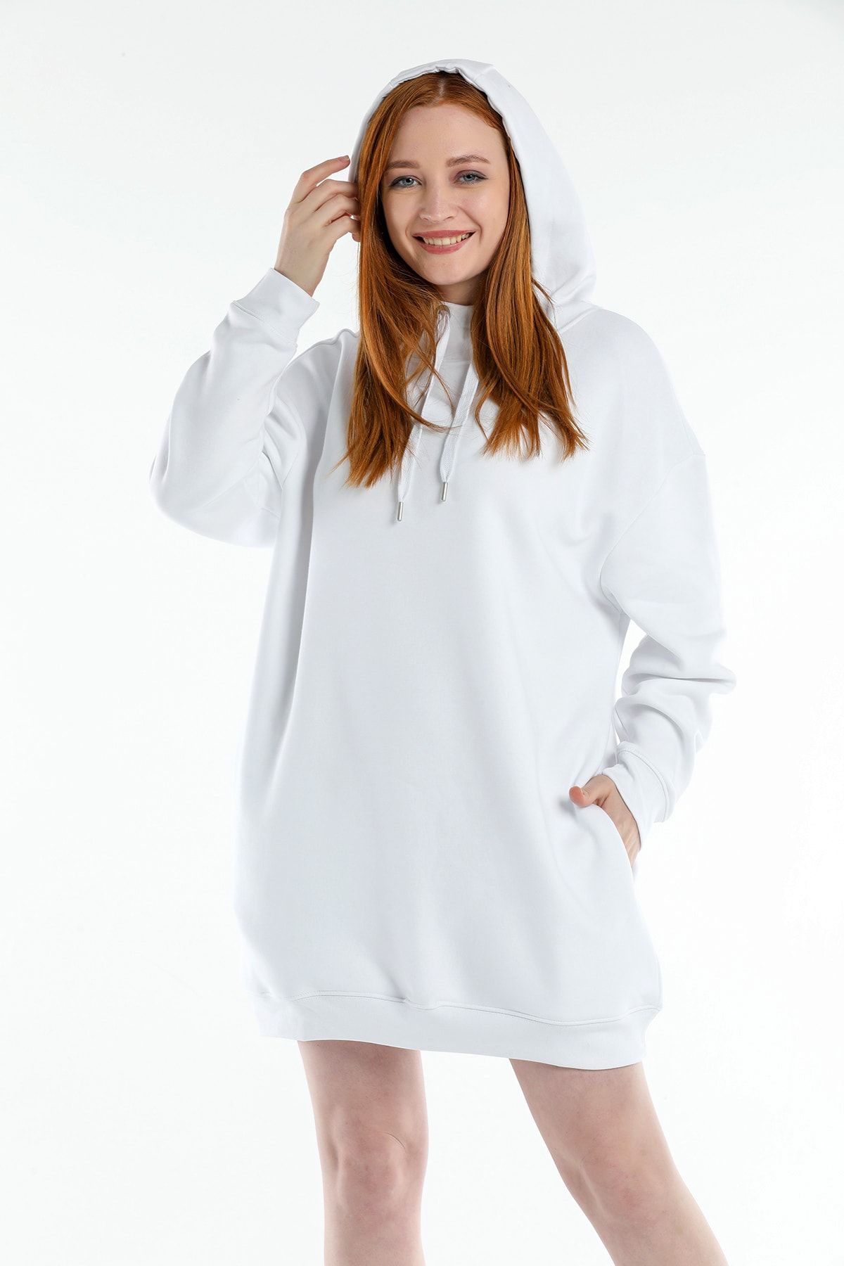 BOVARY Beyaz Renk Kapüşonlu Oversize Tunik