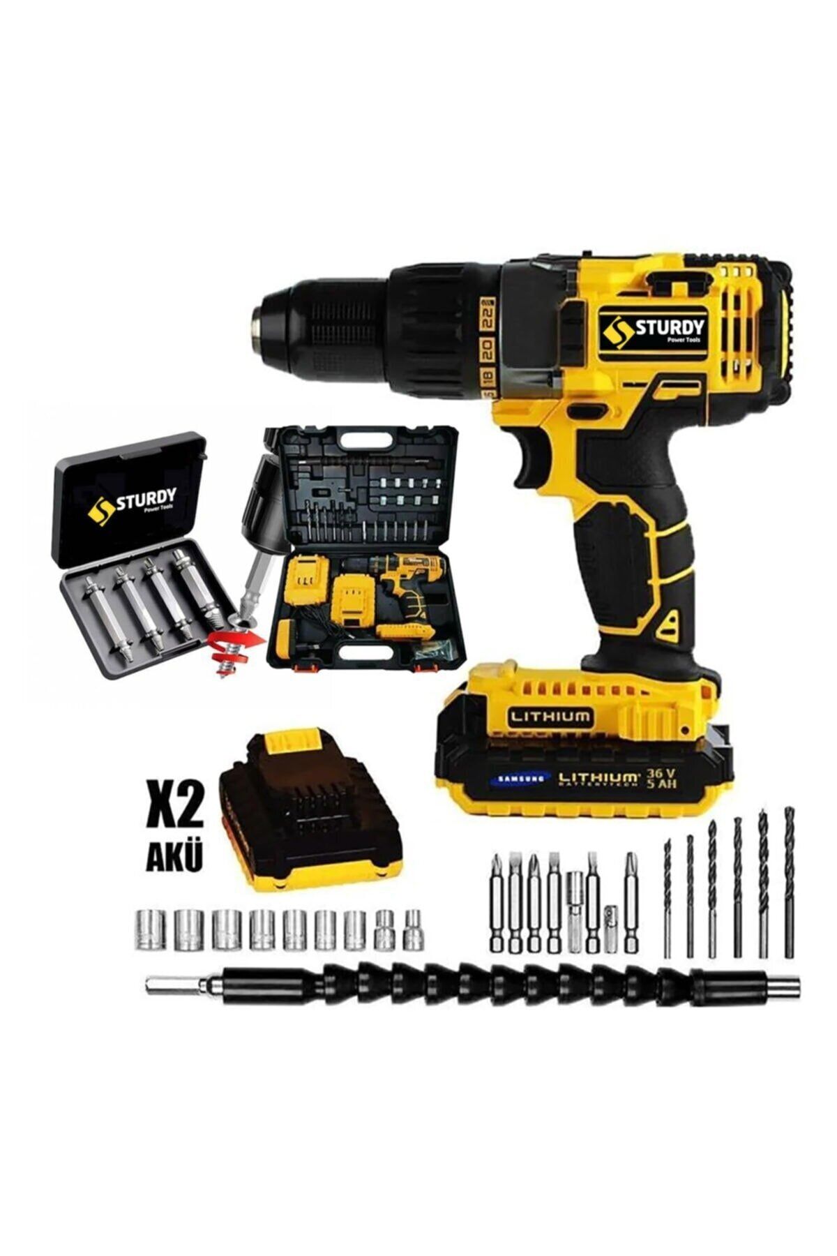 Sturdy 58v8ah Lion Çift Akülü Turbo Şarjlı Matkap Fr 27 Parça Setli + Bozulmuş Vida Sökme Setli