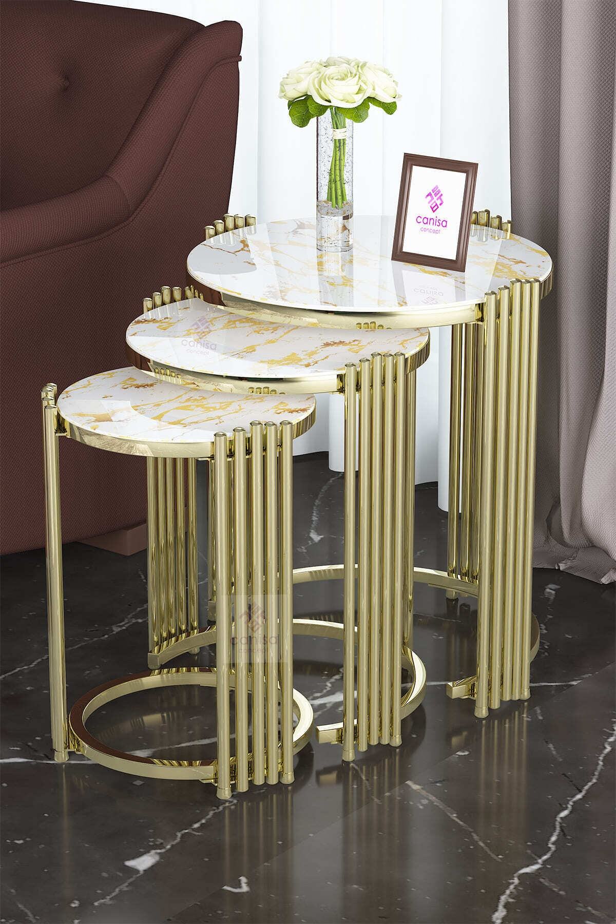 Canisa Concept Işıltı Serisi , Kırılmaz Temperli Cam , 3lü Zigon Sehpa Takımı, Beyaz Sarı Mermer Desen, Gold Ayak