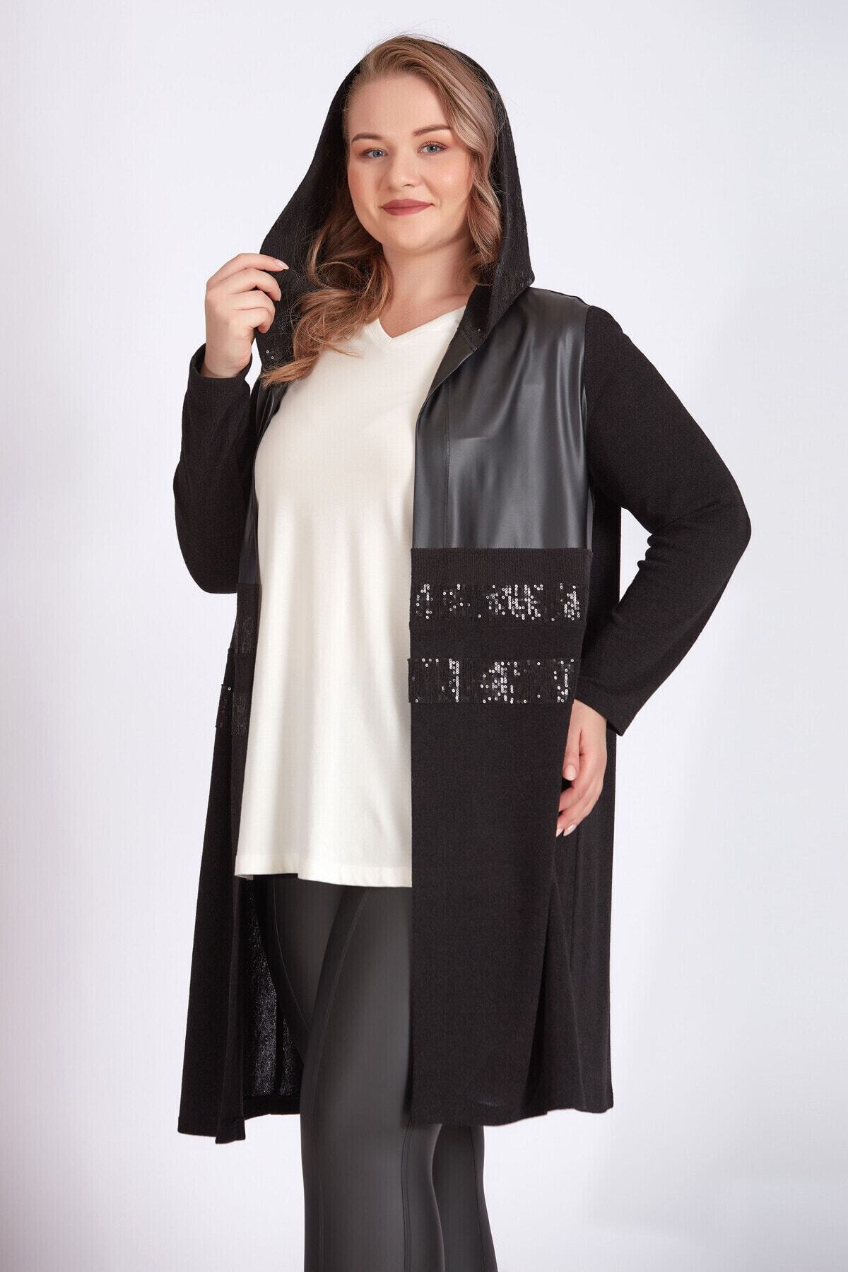 Büyük Moda Payet Ve Deri Detaylı Hırka