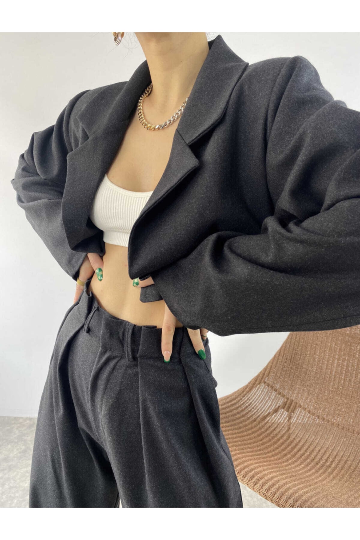 MAİ COLLECTİON Pileli Ceket Pantalon Takım Antrasit