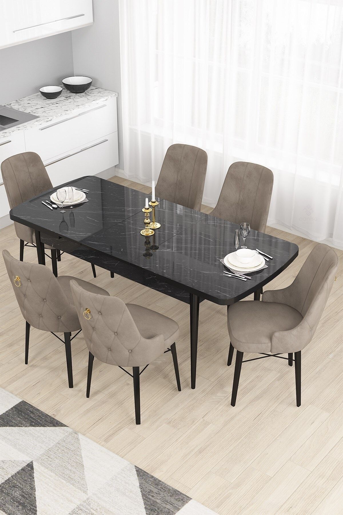 Canisa Concept Nar Serisi, 80x132 Açılabilir Mdf Masa, Siyah Mermer Desen Mutfak Masa Takımı, 6 Cappucino Sandalye