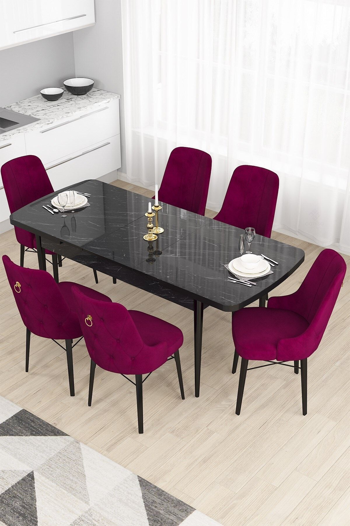 Canisa Concept Nar Serisi, 80x132 Açılabilir Mdf Masa, Siyah Mermer Desen Mutfak Masa Takımı, 6 Mürdüm Sandalye