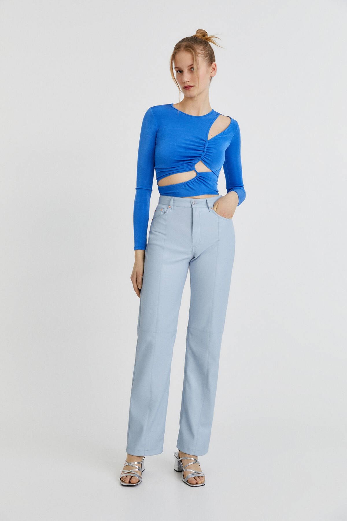 Pull & Bear Kontrast Straight Fit Suni Deri Pantolon