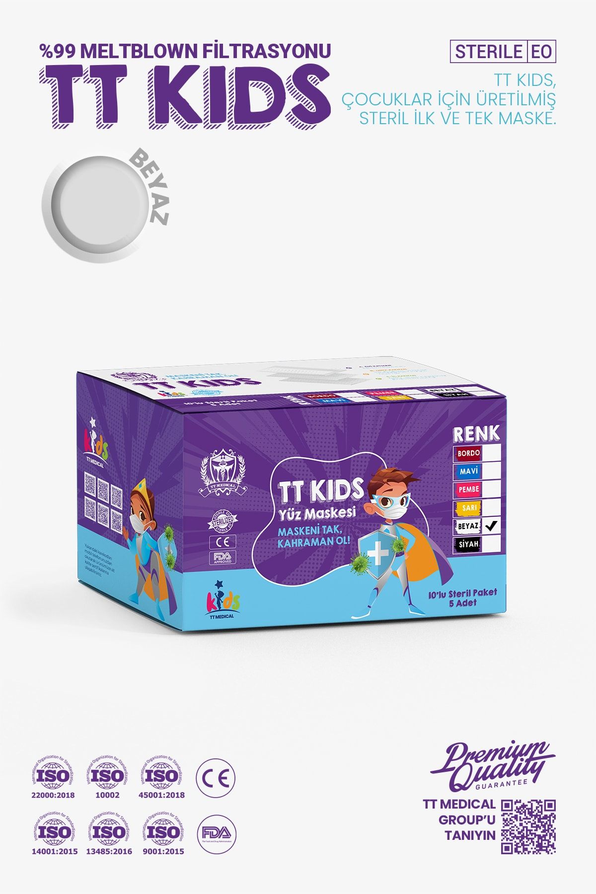 TTMedical 50'li Unisex Çocuk Beyaz 3 Kat Filtreli Tasarım Kids Yüz Maskesi Esnek İpli