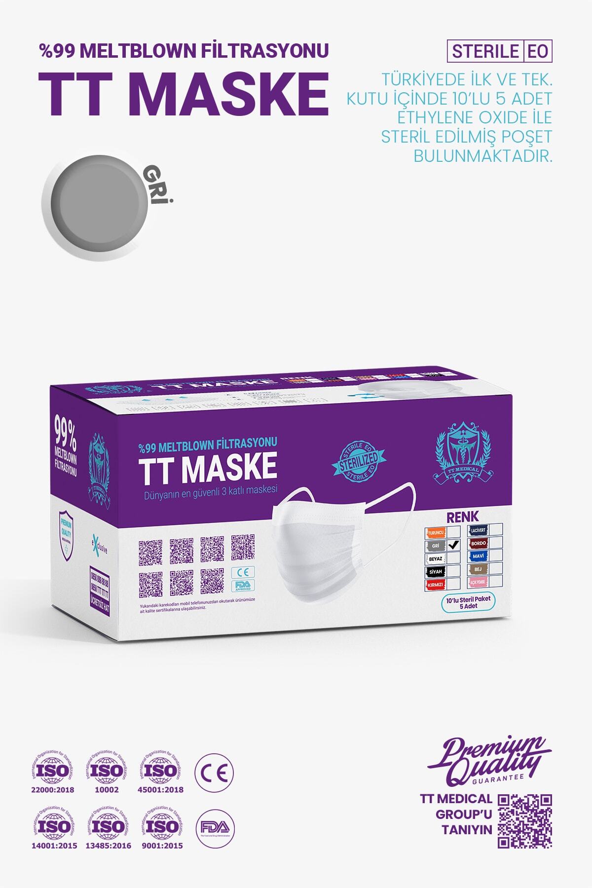 TTMedical 50'li Unisex Gri 3 Katlı Filtreli Cerrahi Maske Yüksek Korumalı Esnek İpli