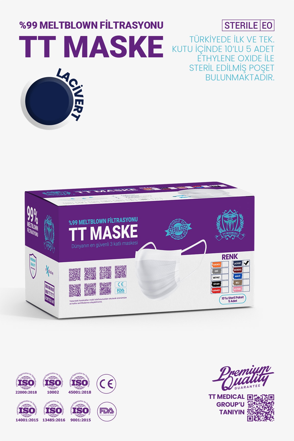 TTMedical 50'li Unisex Lacivert ISO Sertifikalı Cerrahi Maske Yüksek Korumalı Esnek İpli