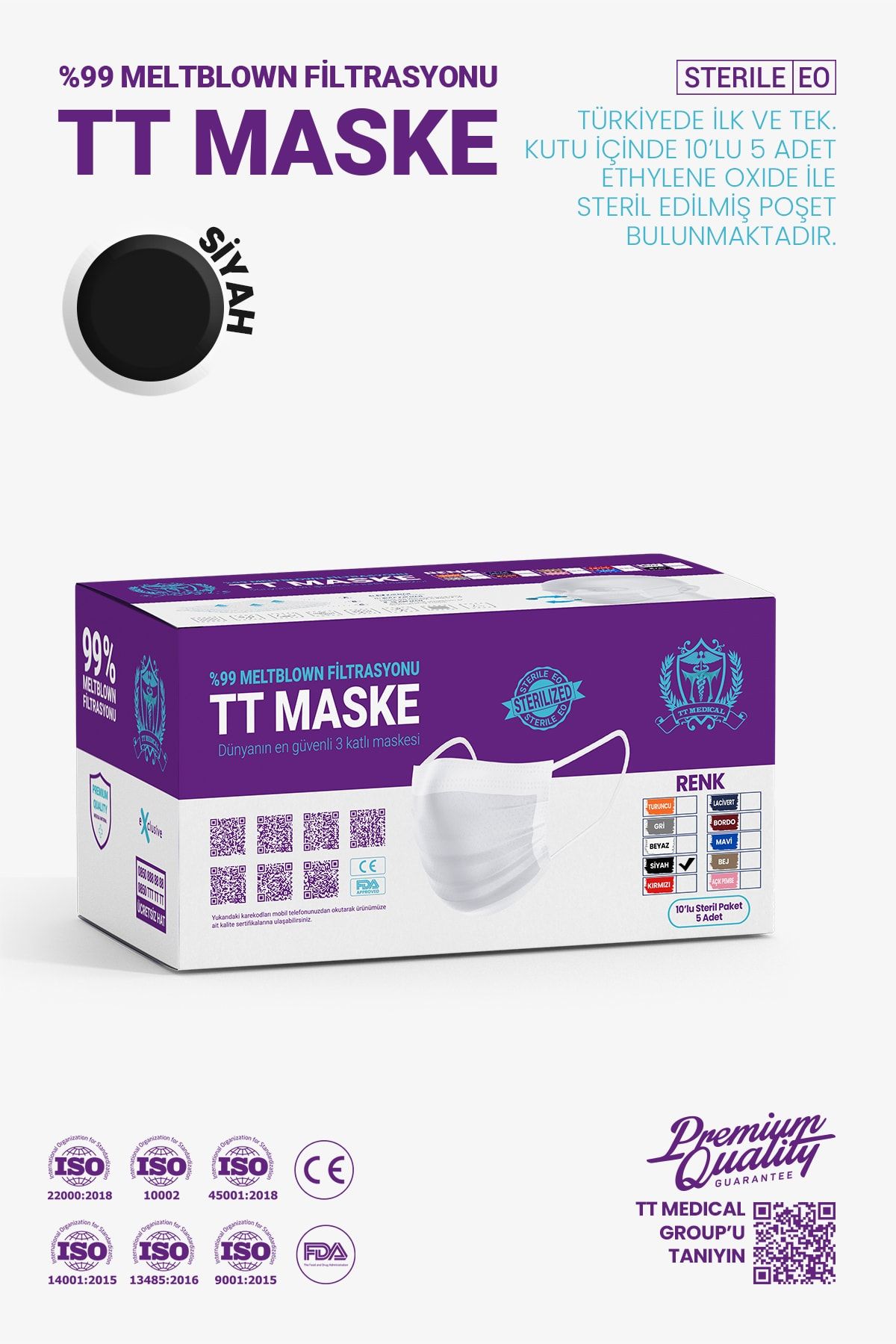TTMedical 50'li Unisex Siyah 3 Katlı Üstün Korumalı Cerrahi Maskesi Yüksek Korumalı Esnek Ipli