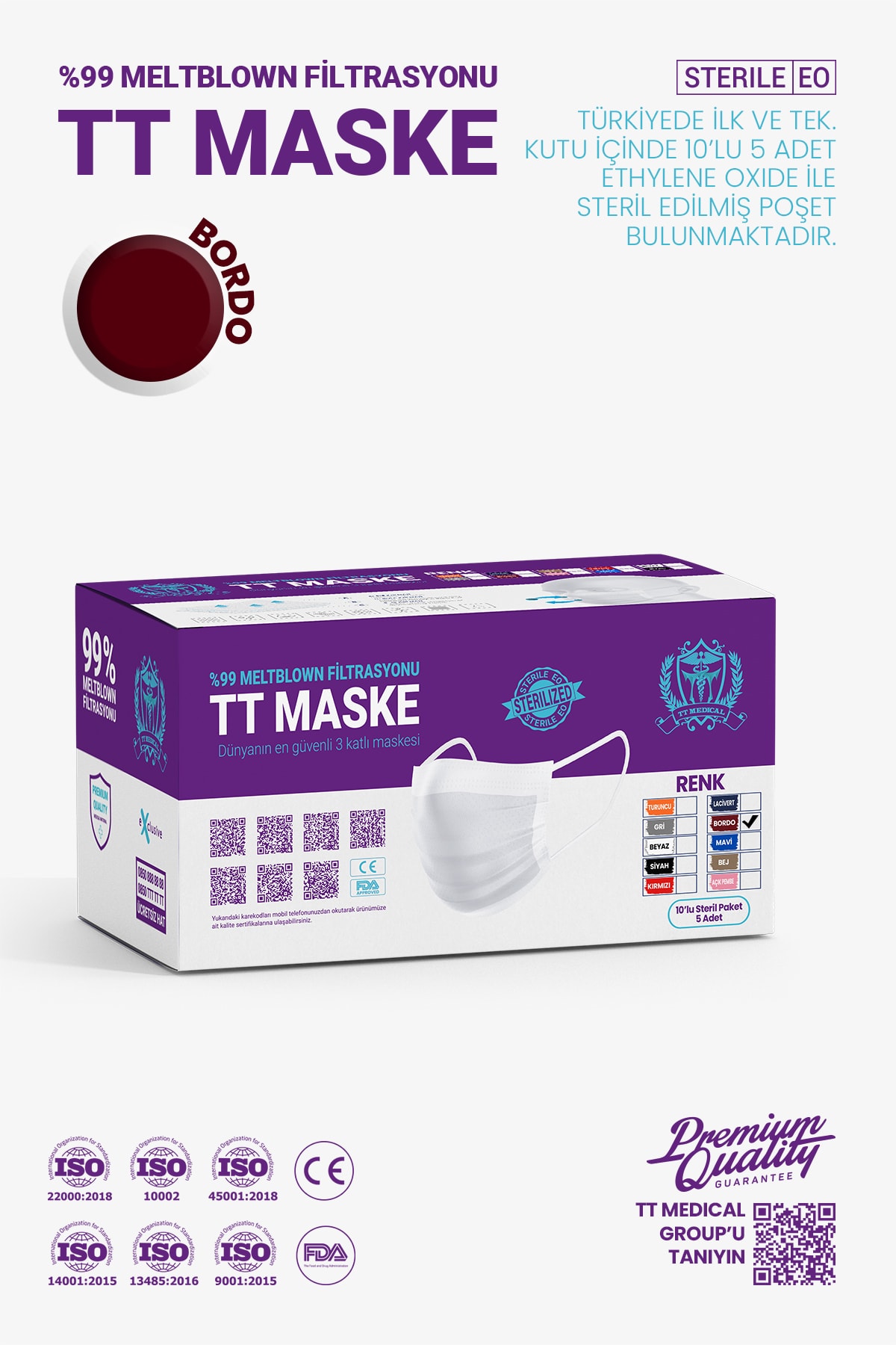 TTMedical 50'li Unisex Bordo %99 BFE Cerrahi Maske Yüksek Korumalı Esnek İpli