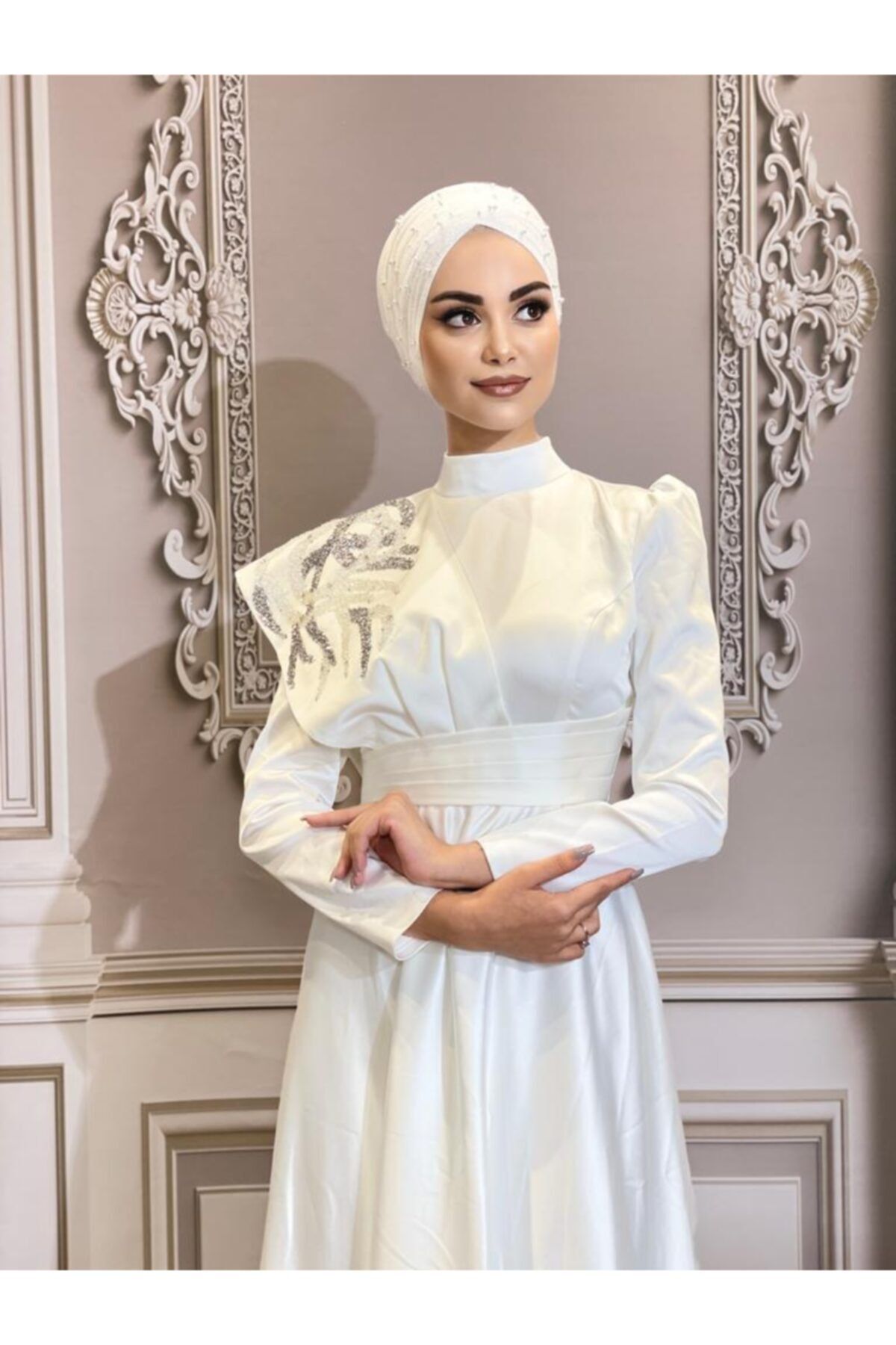 Gülşah Moda Tesettür & Hazır Türban Saten Beyaz Buket Model