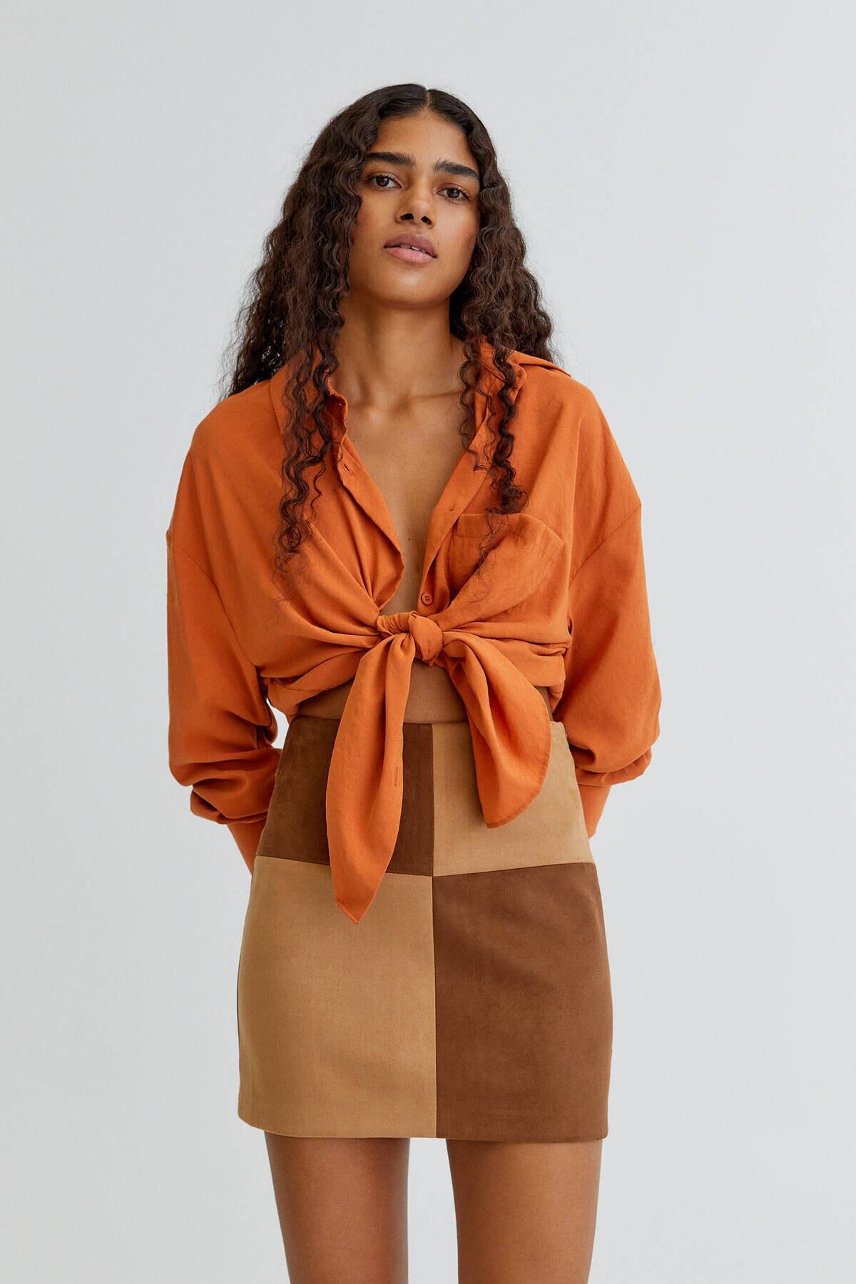 Pull & Bear Suni Süet Patchwork Mini Etek
