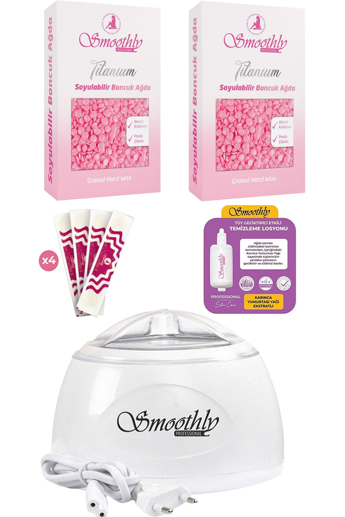 Smoothly 2 Adet 250 gr Soyulabilen Boncuk Ağda Ağda Isıtıcı Makine, Masaj Yağı ve Spatula Seti