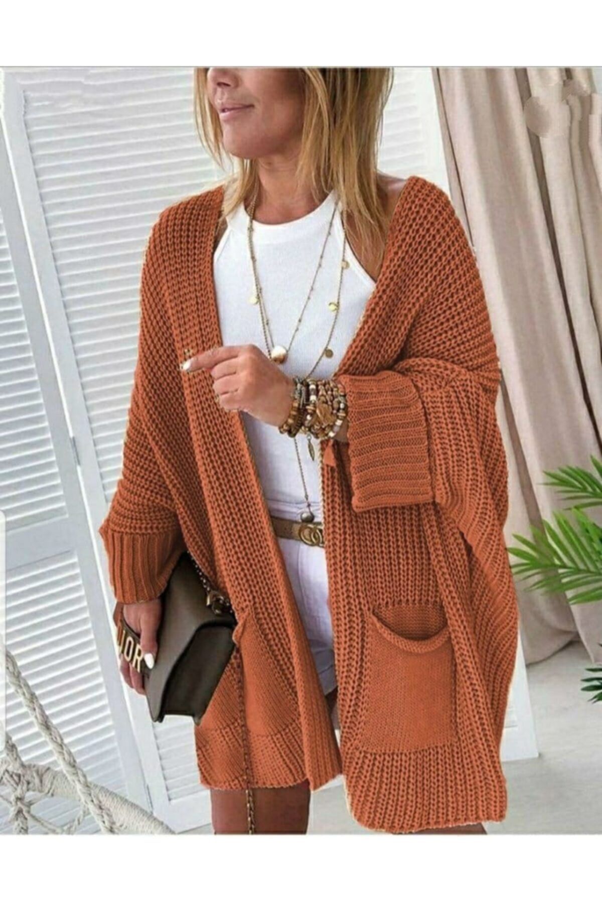 JANES Oversize Kalıp Cepli Salaş Triko Hırka 82 Cm