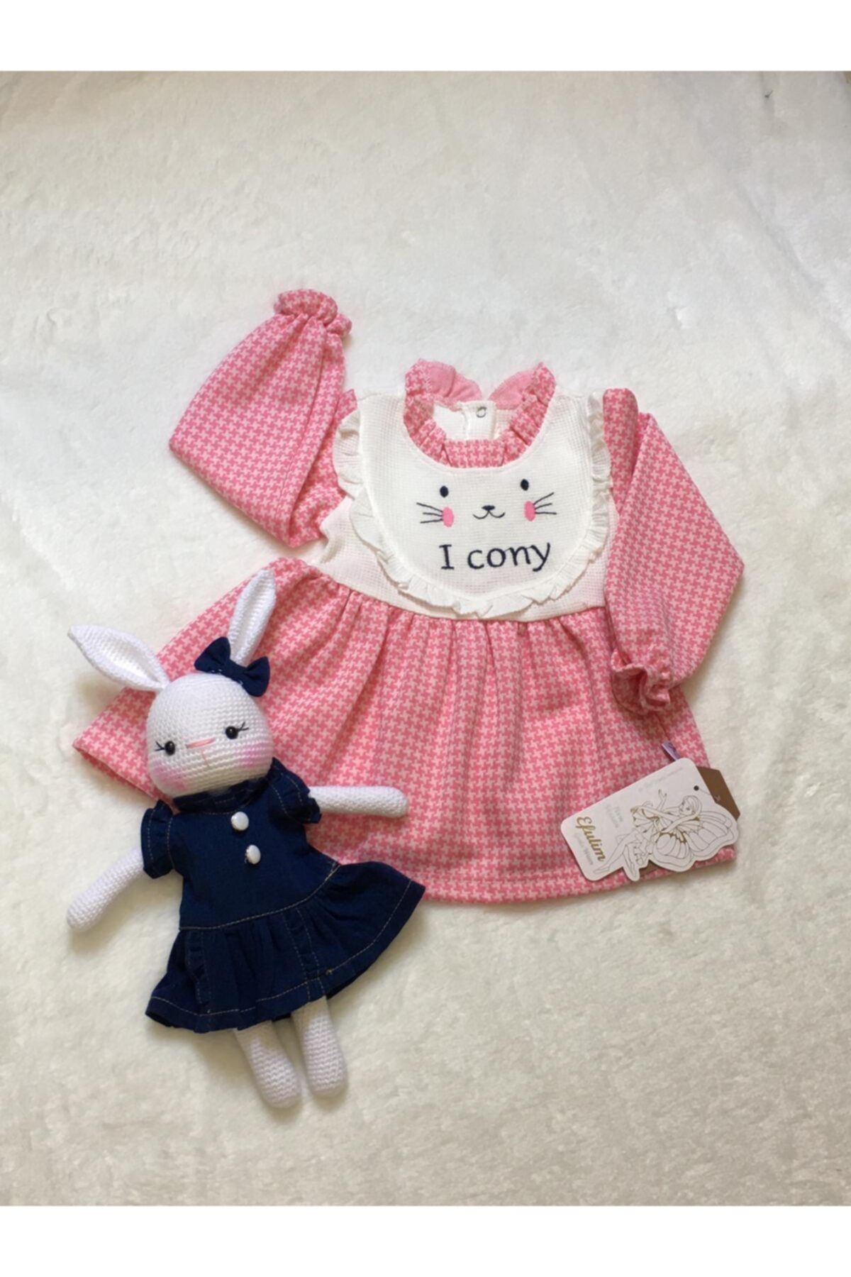 Tiny World Pembe Kedi Figürlü Kaz Ayağı Desenli Fırfırlı Elbise