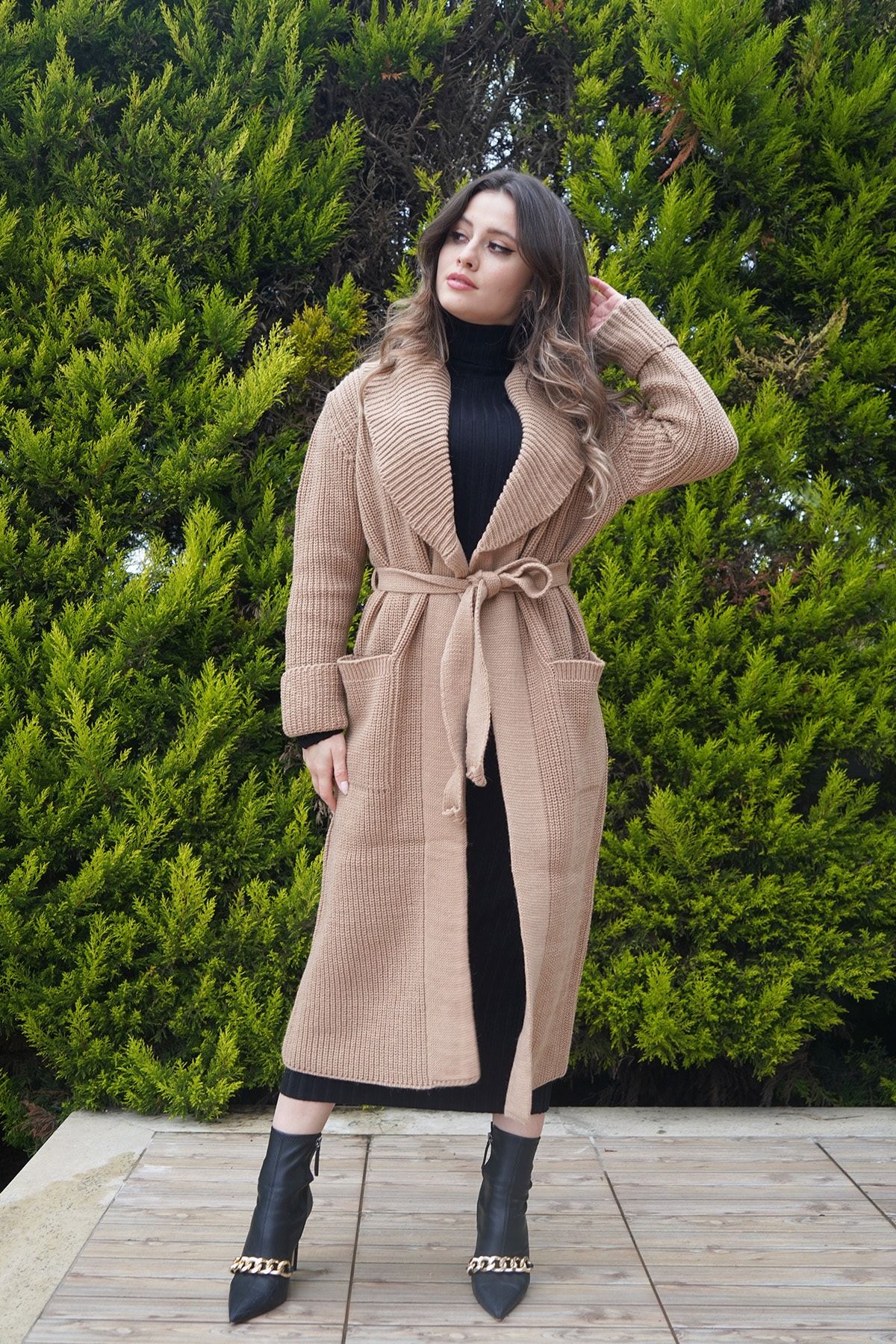 Caroline Factory Camel Selanik Cepli Uzun Kadın Triko Hırka