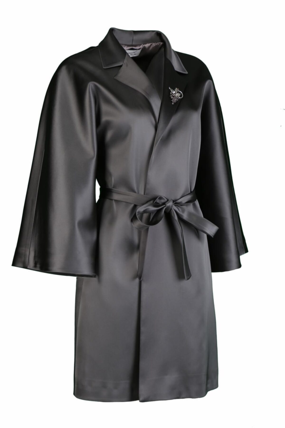 pimood Kimono Model Beli Kuşaklı Saten Kadın Manto