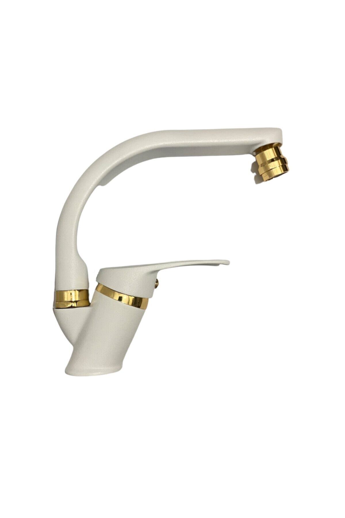 KCA ARMATÜR Kca Beyaz Gold Lüx Banyo Lavabo Musluk Batarya Çeşme Oynar Başlıklı