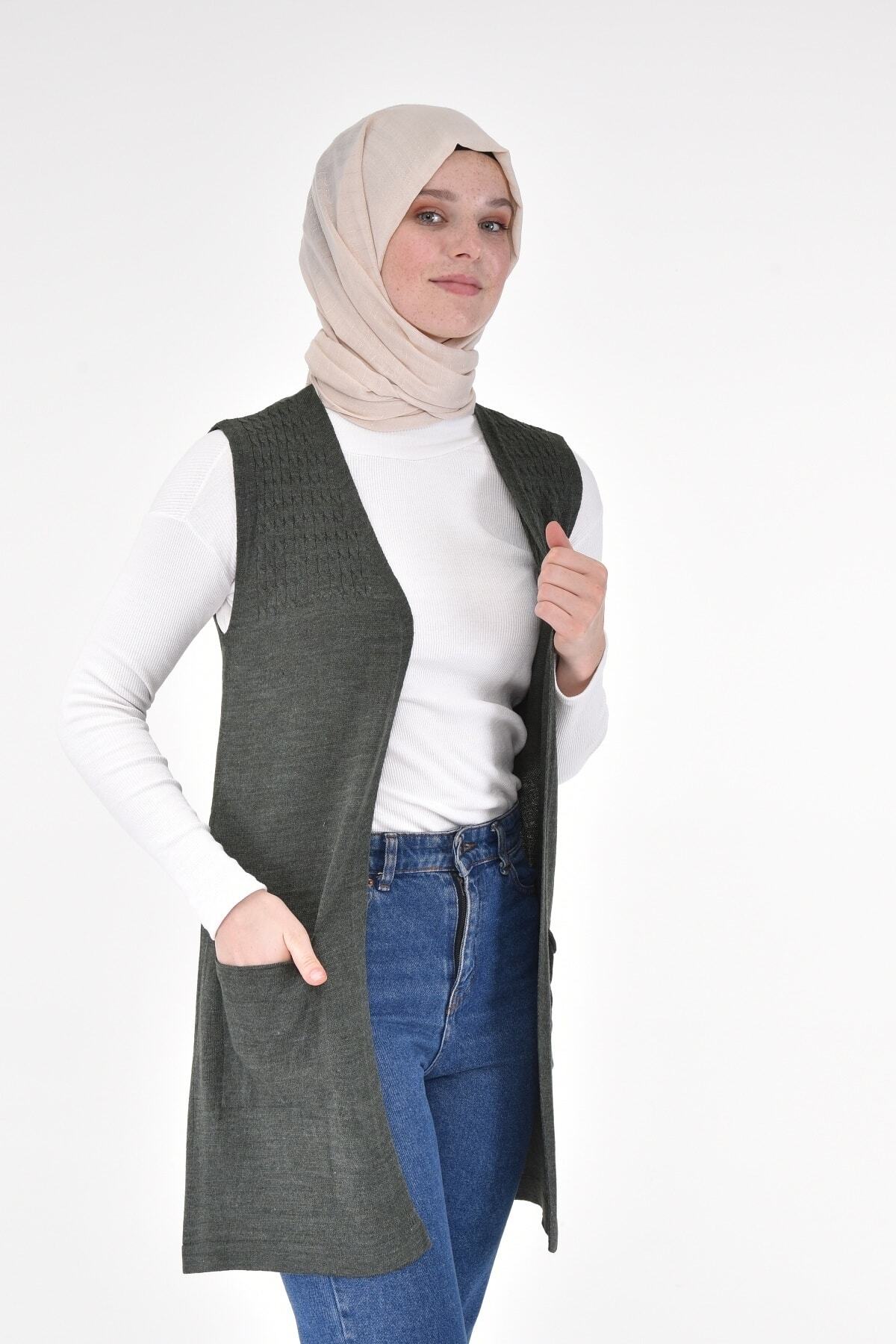 ilmek Kadın Küf Yeşili Çift Cepli Uzun Yelek 4315