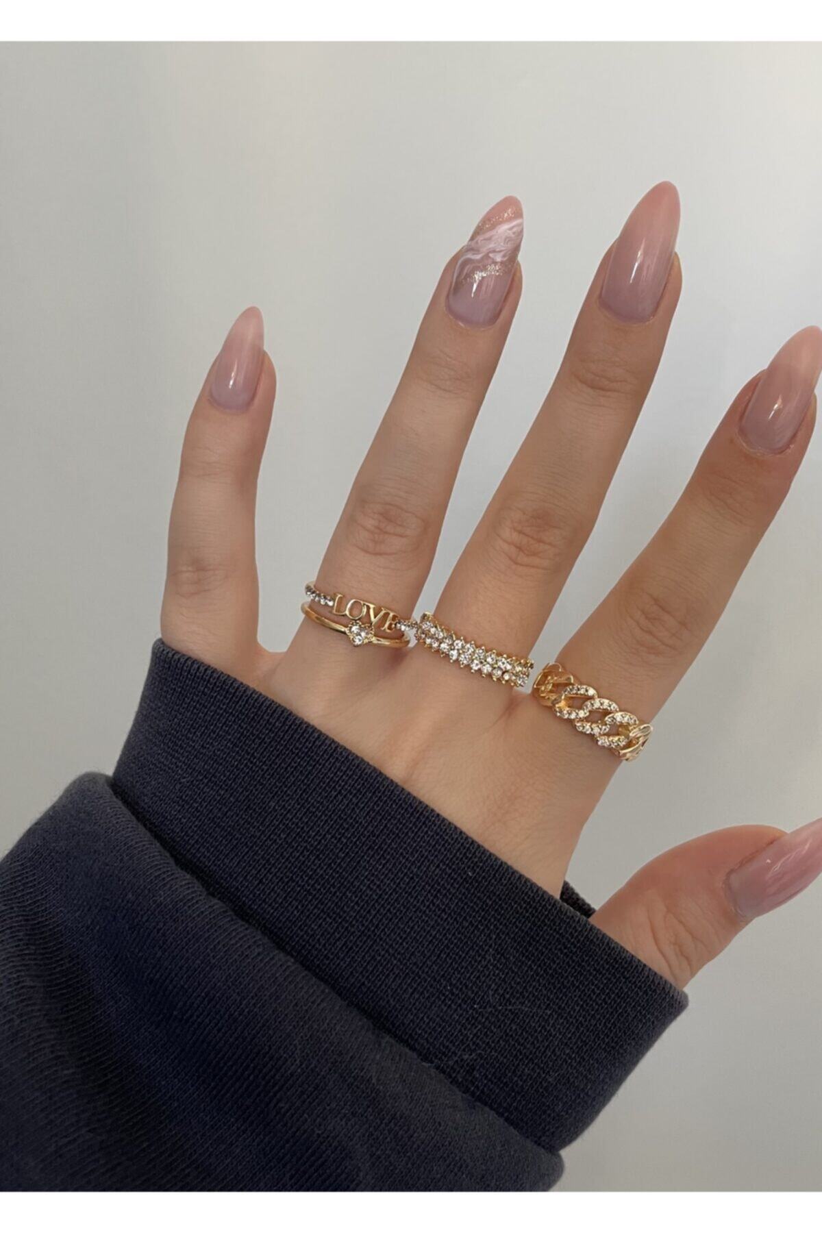 KİLİGİSTANBUL Gold Love&zincir 3'lü Yüzük Seti
