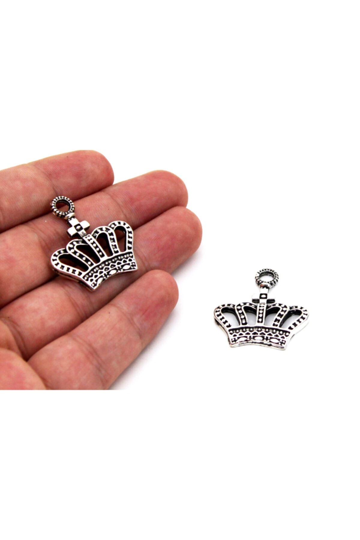 YF STORE 2 Adet - 27x30 Mm Taç Desenli, Metal Uç, Takı Malzemesi, Boyalı Gümüş Kaplama