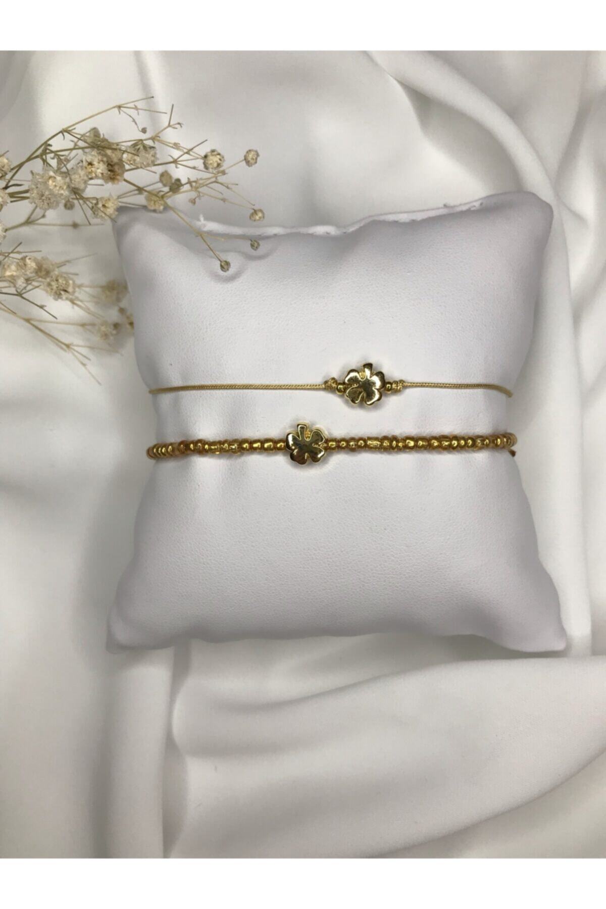 Ayselin Dünyası 2'li Gold Boncuklu Yonca Bileklik