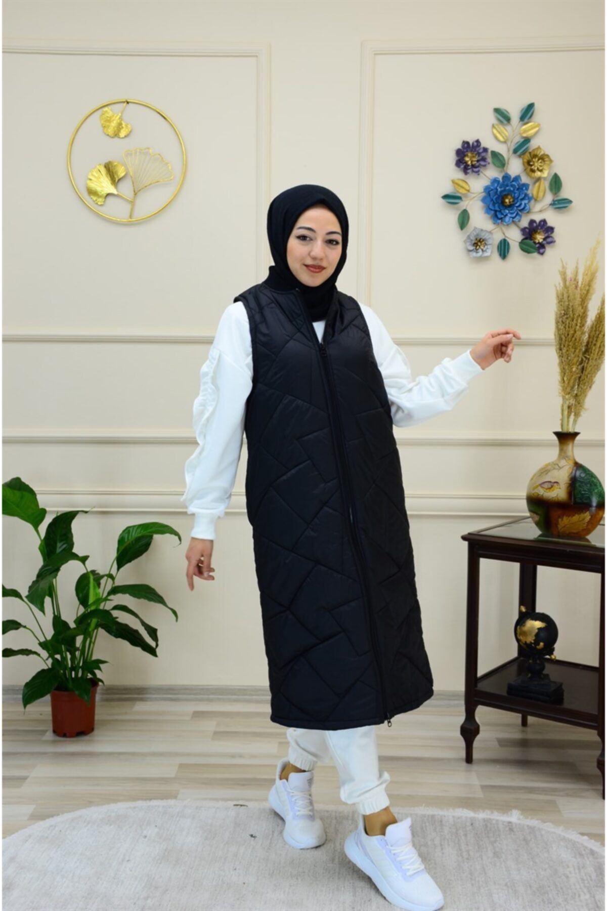 şahinler avm Allday 90018 Geometrik Desenli Uzun Kapitone Yelek