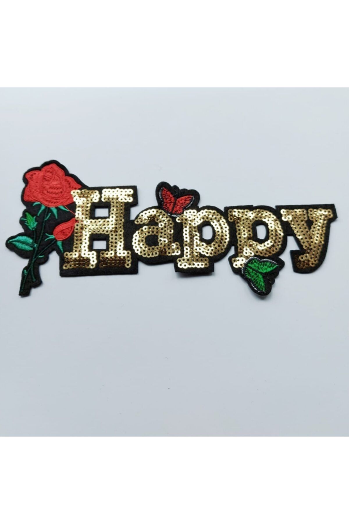 Sheen Dmr Ütü Ile Yapışan Payetli Nakışlı Dore Happy Mutlu Arma Yama Patch ( 12 Cm X 4 Cm )