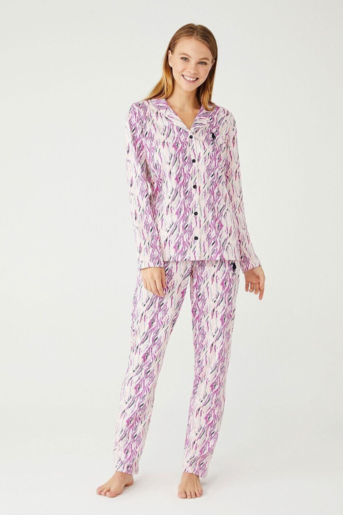 U.S. Polo Assn. %100 Pamuk Kadın Pudra Boydan Patlı Pijama Takım