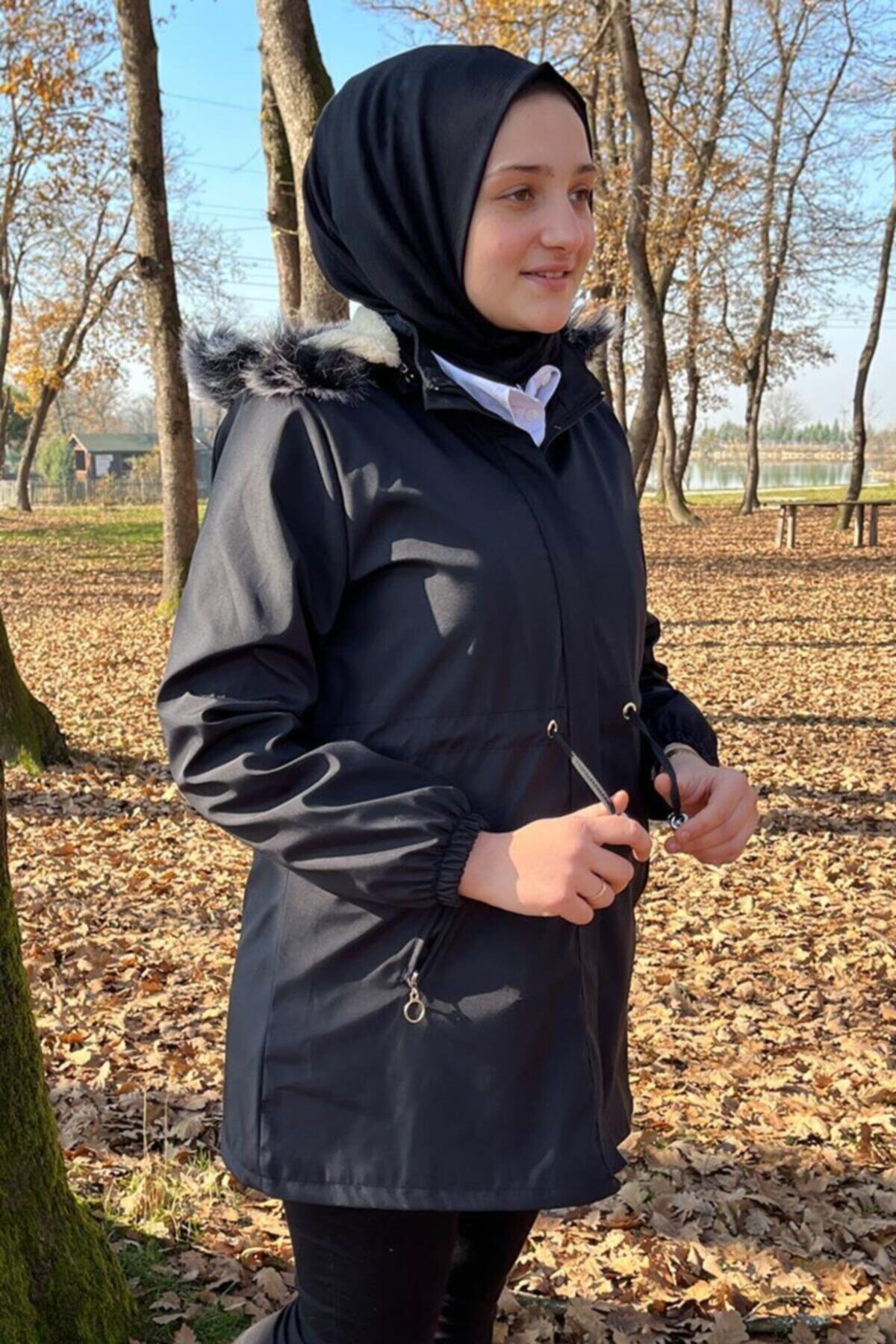 Deneme Kabinim Kadın Bondit Kısa Mont - Içi Kürklü Kapüşonlu Kısa Mont