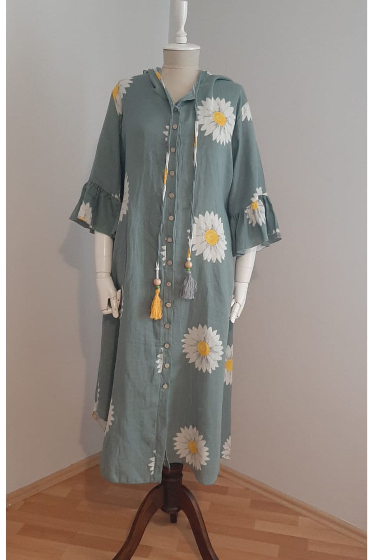 AYASOFYA OTANTIK Butik Yazma Etnik Otantik Kapşonlu Yeşil Pareo Kaftan