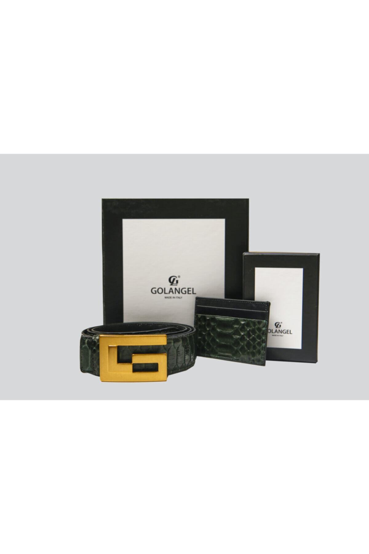 GOLANGEL Hakiki Deri  Sıyah Kemer Gl Gold Toka ve Süpriz Toka ve Kartlık Set El Yapımı