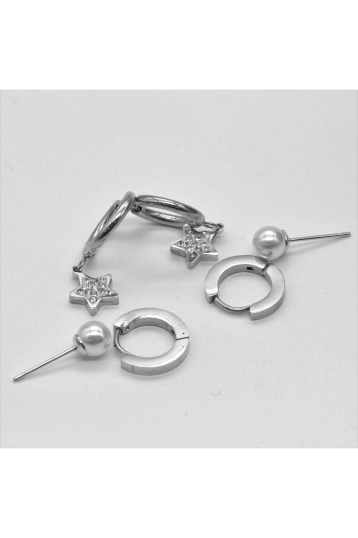 ROZA ACCESSORIES 316l Çelik Set Küpe 3 Çift Gümüş Renk