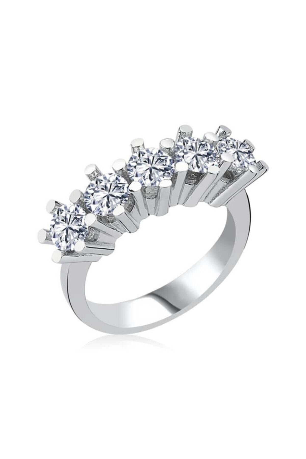 Gümüşcüm Unisex Beş Taş Swarovski Gümüş Yüzük
