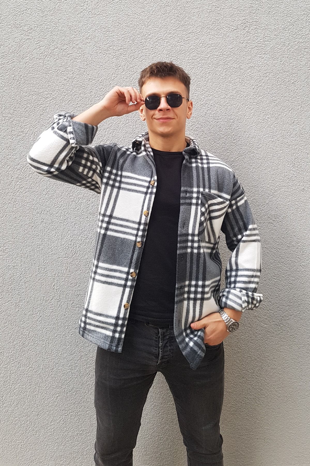 PUMP BUTİK Gri Beyaz Oversize Ekoseli Tek Cepli Polar Oduncu Gömlek