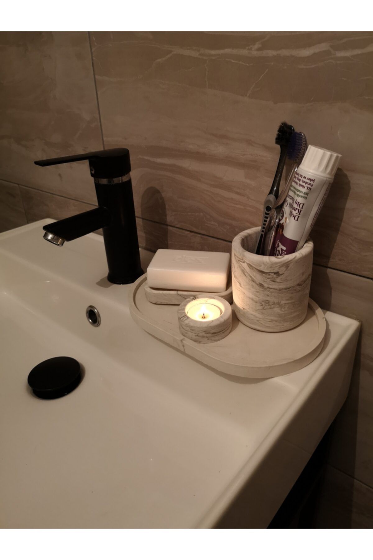 Viol Home Beton Banyo Set & Diş Fırçalık - Sabunluk - Oval Tepsi - Mumluk