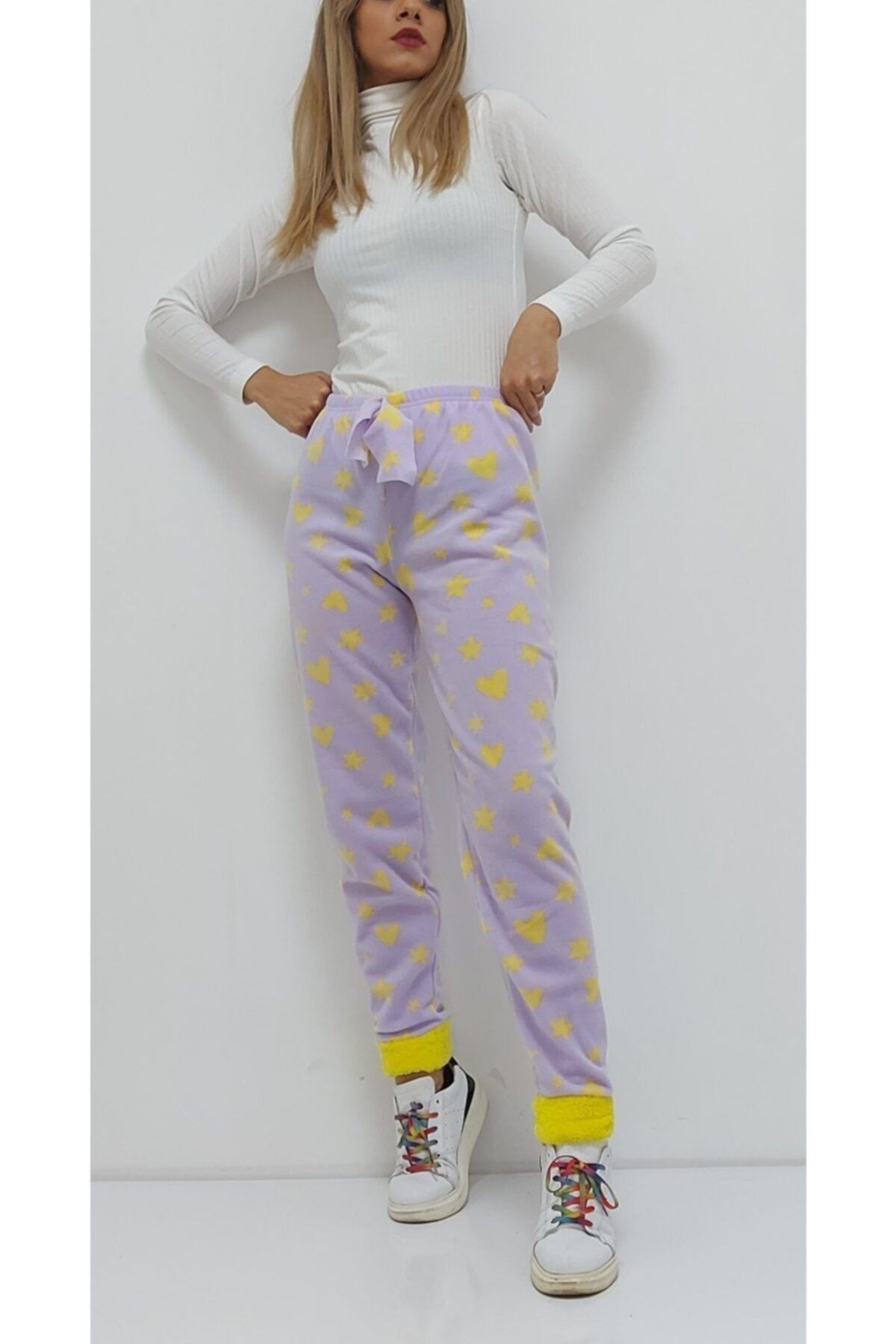 Bkmc Desenli Paçası Polar Pijama Altı Lila