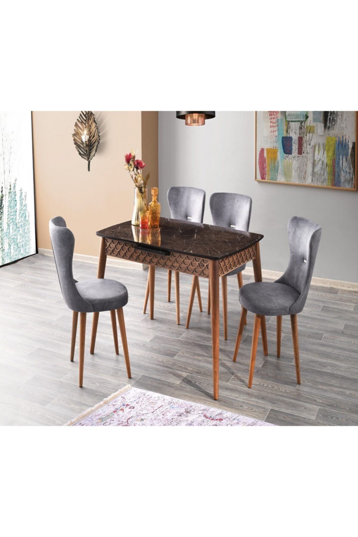 Evistro Ortadan Açılır Salon Yemek Masası Ceviz-mermer Desen+ 6 Sandalye
