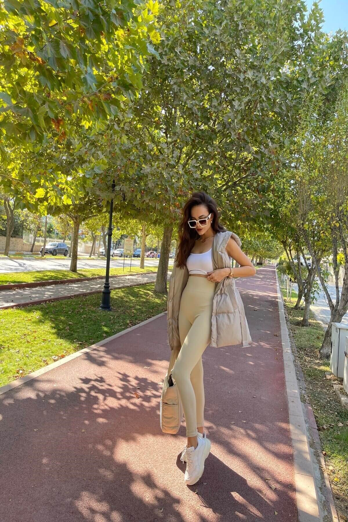 butikgogirl Taş Rengi Yüksek Bel Fitilli Tayt