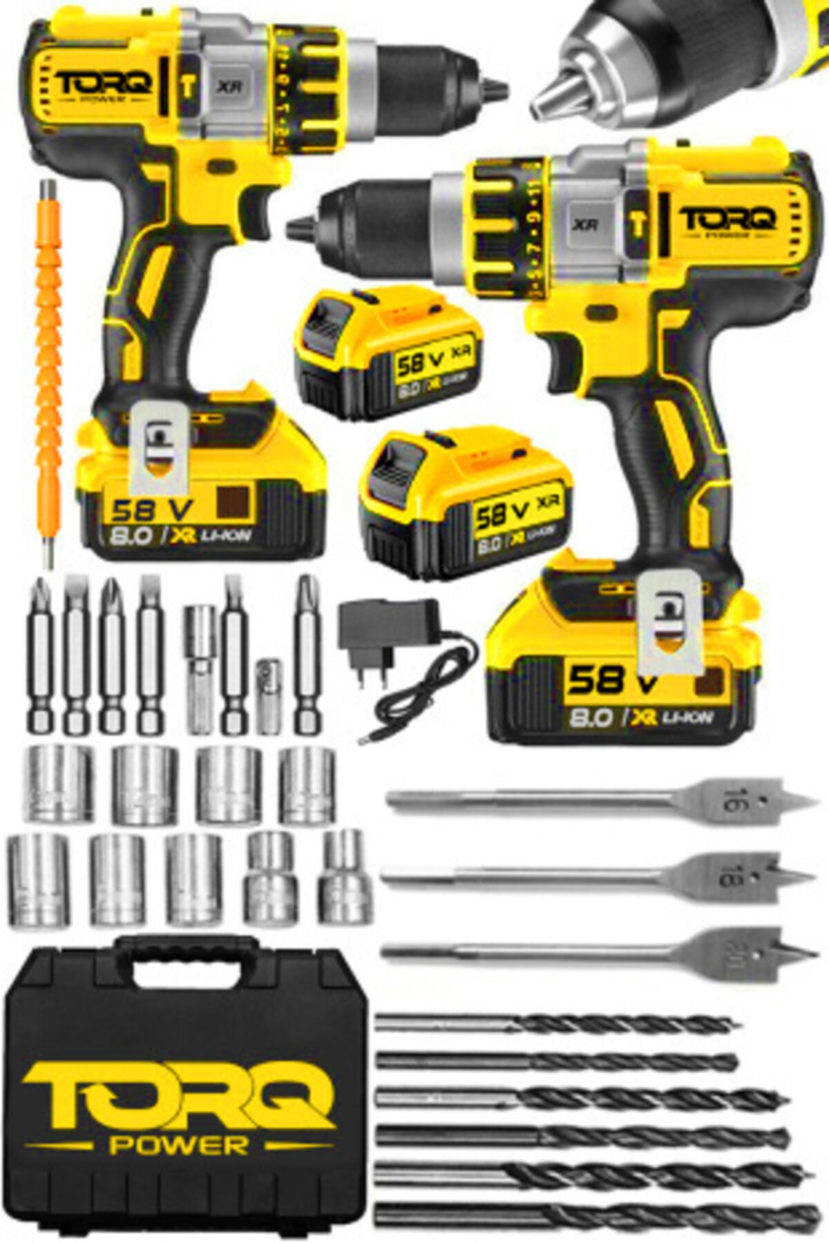 TORQ POWER Xr-ultra Darbeli 58 V 8 Ah Çelik Şanzıman Li-on Akülü Matkap 30 Pcs Usta Set Hediyeli