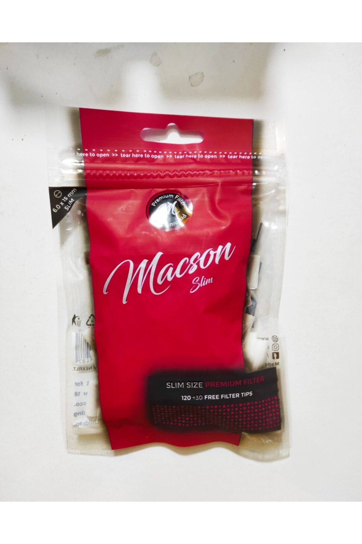MACSON Slim 6 mm Premium Sigara Filtresi - Tütün Pamuğu - Sigara Ağızlığı